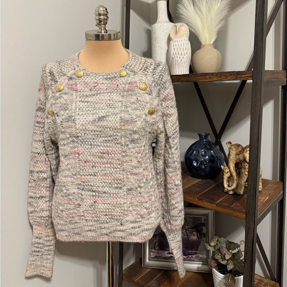 Veronica Beard Adelaida Blouson-Sleeve Sweater Gold Buttons Wool Blend SZ Small